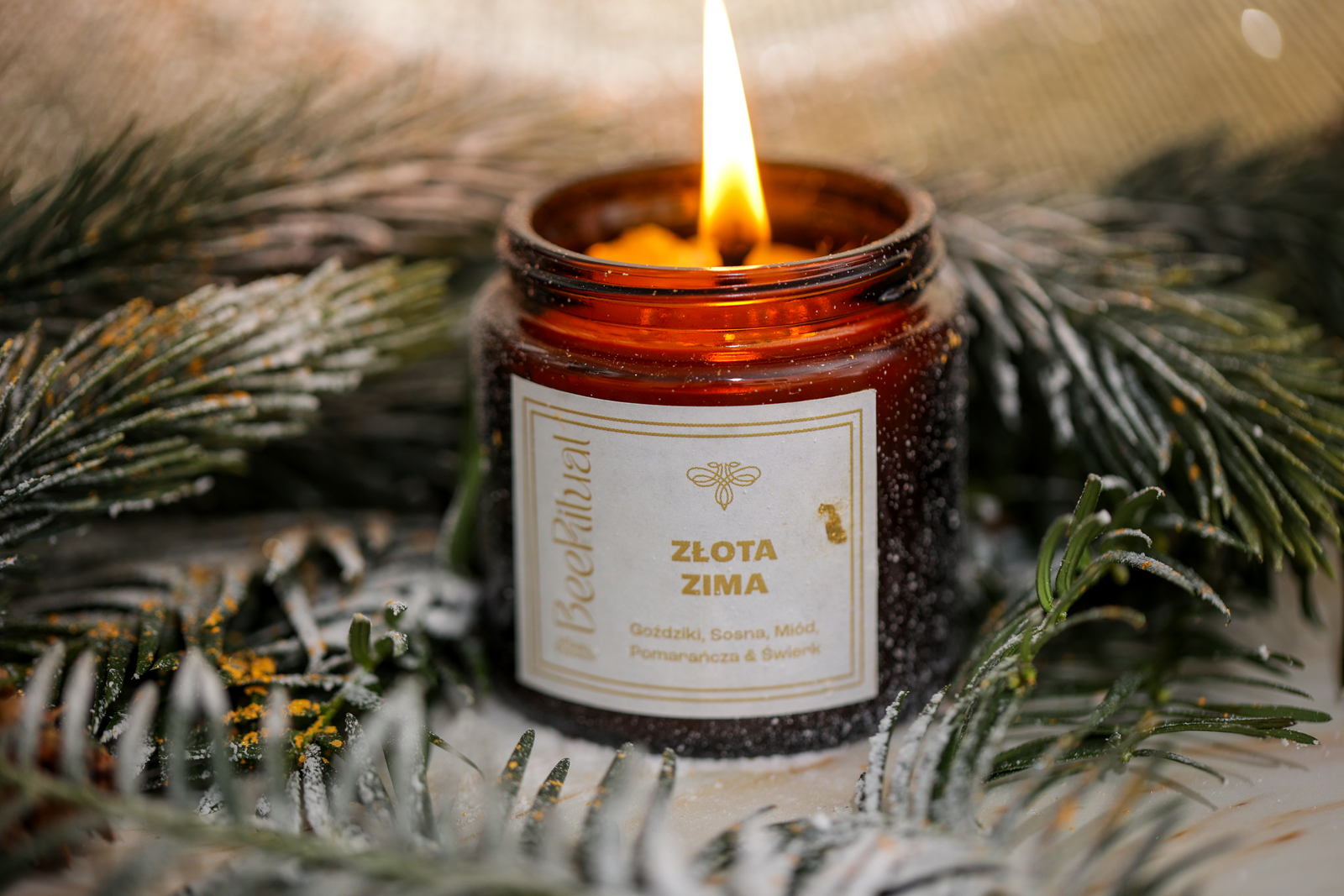 Świeca z wosku pszczelego w słoiku-ZŁOTA ZIMA