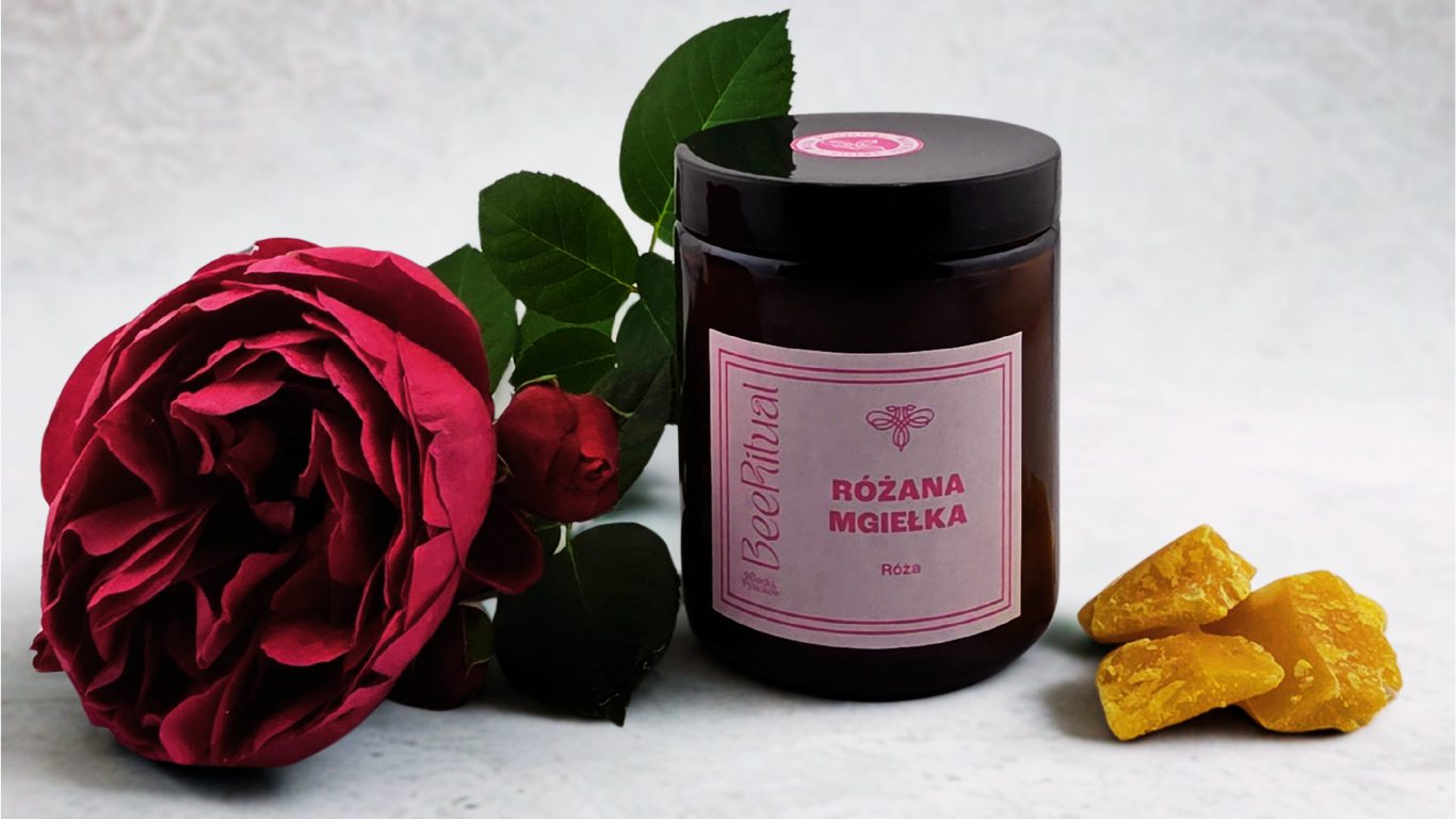 Świeca z wosku pszczelego w słoiku-RÓŻANA MGIEŁKA