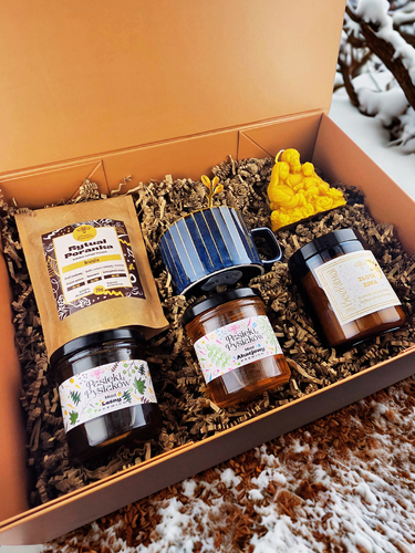 Zestaw Prezentowy Kawa-Miód-Świeca-wosk pszczeli w słoiku