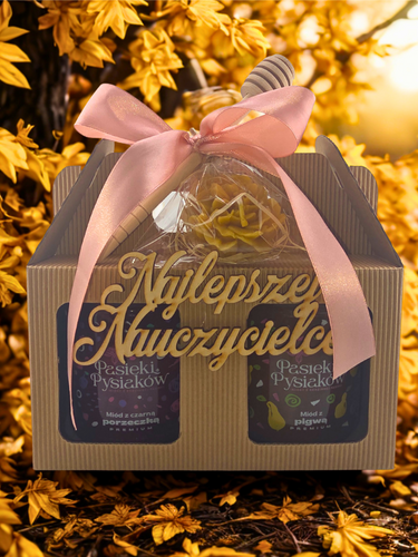 PODZIĘKOWANIA DLA NAUCZYCIELA Zestaw prezentowy dwóch miodów z łyżeczką i zawieszką