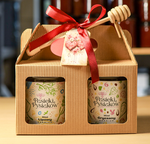 Zestaw prezentowy dwóch miodów z łyżeczką i zawieszką