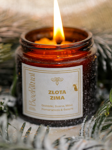 Świeca z wosku pszczelego w słoiku-ZŁOTA ZIMA