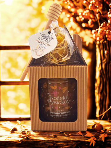 Zestaw prezentowy miodu z łyżeczką , zawieszką i  świecą,